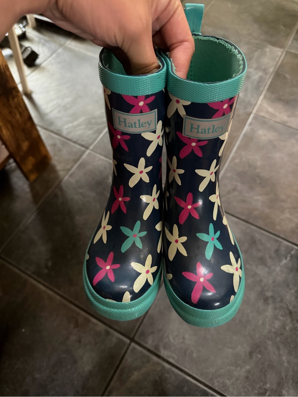 Hatley Navy Floral Kids Rain Boots with Teal Trim